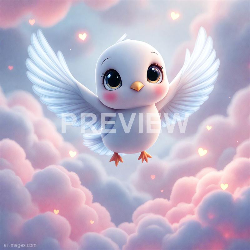 The image features an adorable animated bird with large, expressive eyes, a small orange beak, and pink blush on its cheeks. It has white feathers, with wings spread wide as it appears to be flying among fluffy pink and purple clouds, surrounded by small glowing heart shapes. The background is a soft, pastel sky with a dreamy, whimsical atmosphere.